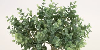 En närbild ovanifrån på en bukett med konstgjorda gröna eukalyptusliknande blad med små kvistar, mot en ljus bakgrund.