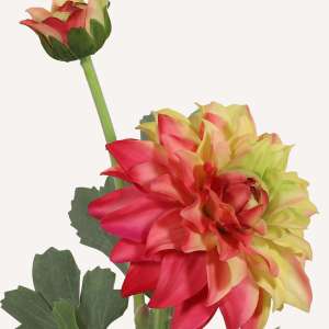 En elegant Dahlia rödgul Vincente, Konstgjord dahlia 56 cm hög 2 blommor med naturligt utseende och känsla. Detaljerad utformning med realistiskt bladverk. 