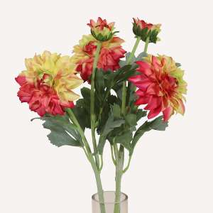 En elegant Dahlia rödgul Vincente, Konstgjord dahlia 56 cm hög 2 blommor med naturligt utseende och känsla. Detaljerad utformning med realistiskt bladverk. 